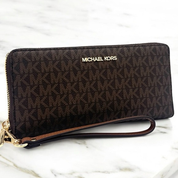 Michael Kors Large Continental Wallet Wristlet Brown Signature - Picture 1 of 8